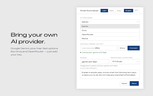 Smart Summarizer :: Select any text on any page, right-click, and get a clear AI explanation in your chosen language — using your own API key.