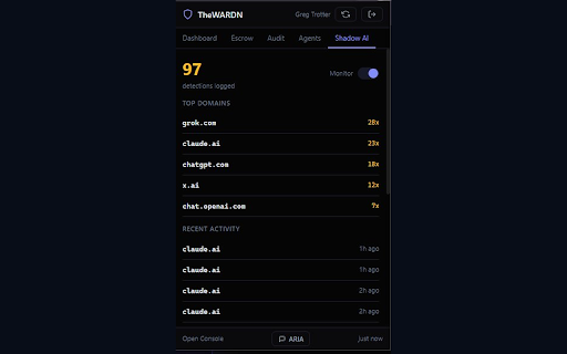 TheWARDN — AI Governance :: Govern AI agent actions from your browser. Approve escrow, monitor verdicts, detect Shadow AI.