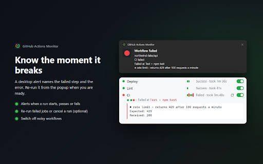 GitHub Actions Monitor :: Live GitHub Actions status in your toolbar: why a run failed, step-by-step progress, deploys awaiting review, and alerts.