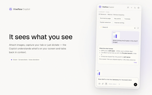Hiveflow - AI Agent Orchestrator :: AI copilot in your side panel: chat with page context, write emails in Gmail, and run your Hiveflow agents on any website.