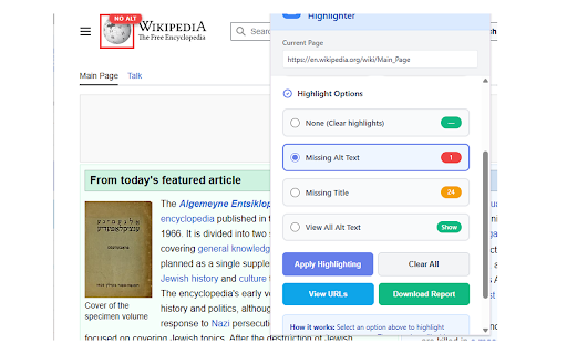 Image Alt Text Missing Finder and Highlighter :: Find and highlight images missing alt text and title attributes. View alt text of all images on any webpage for better accessibility