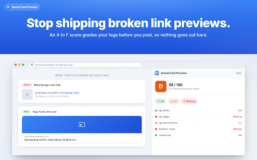 Social Card Preview - Open Graph & Twitter :: Open Graph preview for any link. See how it looks shared on X, LinkedIn, Facebook, Slack and Discord, plus tag validation.