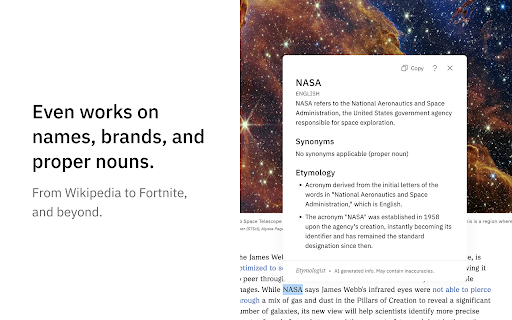 Etymologist – Word Meanings, Origins, and Synonyms :: Double-click any word to instantly discover its meaning, etymology, and synonyms.