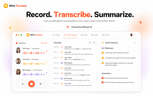 Mink Translate :: Real-time meeting & video translator with captions, AI minutes, action items, two-way cabin mode and read-aloud. 100+ languages.