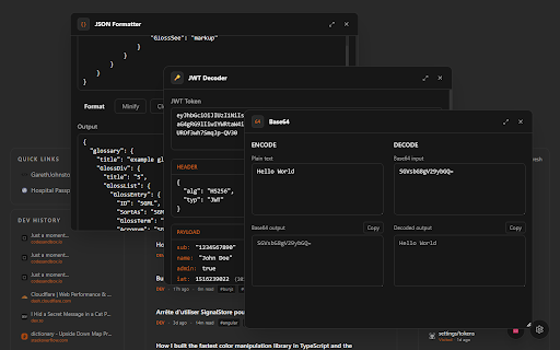 DevToolboxTab :: A customizable developer new tab dashboard with quick links, Git activity, dev news, and built-in coding tools.