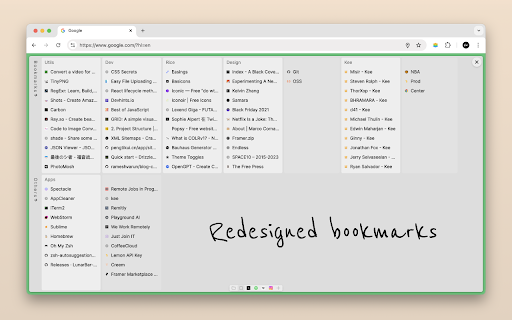 Arc Stage - Arc experience on Chrome :: A sleek Arc-like background, a dock for fast access to redesigned tabs, bookmarks, and quick links.