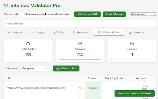 Sitemap Validator Pro :: Check URL status codes, analyze performance metrics, visualize results, verify robots.txt rules, and edit sitemaps.