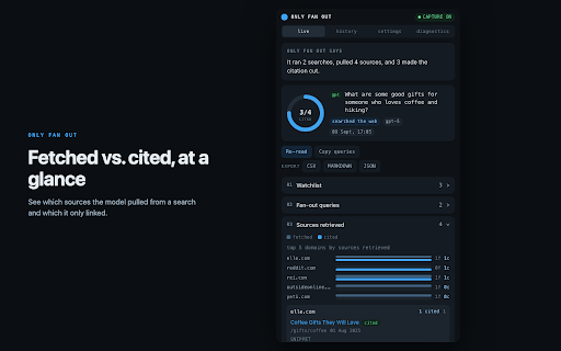 Only Fan Out :: Inspect the fan-out search queries, fetched and cited sources, and brand mentions behind any ChatGPT, Claude or Grok answer.
