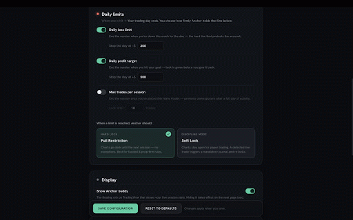 Anchor :: Enforces trading discipline on TradingView with cooldowns, journaling, and daily loss-limit locks.