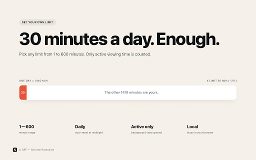 X (Twitter) OFF: Daily Time Limit for X :: Set a daily time limit on X. Active viewing is measured; scrolling is blocked when the cap is reached. You can lift it yourself.
