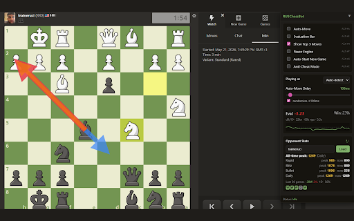 RUSChessBot :: Stockfish chess analysis for chess.com — live evaluation, top-3 move suggestions, opponent stats, and coaching.