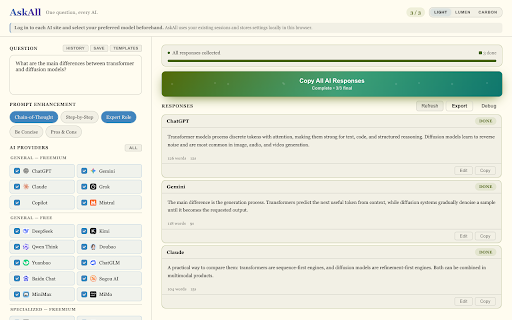 AskAll — Ask Multiple AI Chatbots, Compare Side by Side :: Send one question to ChatGPT, Gemini, Claude, DeepSeek, Grok and 20+ AI provider presets. Compare responses side by side.