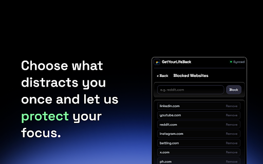 GYLB: Focus, Block & Schedule :: GetYourLifeBack (GYLB): website blocker, focus timer, work schedule, Shorts/feed control, posture reminder, wellbeing breaks.