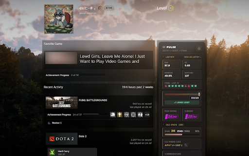 CS2 Stats on Steam Profiles: Leetify, Faceit ELO & Rank (Pulse) :: Pulse shows CS2 stats on any Steam profile: Leetify aim/KD/winrate, Faceit ELO, in-game Private Rank. Zero setup, liquid-glass UI.
