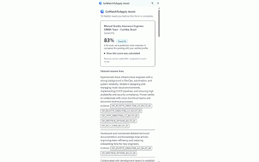 GoMatchToApply Assist :: Fills supported employer application forms from your verified GoMatchToApply profile. Submits only with your standing permission.