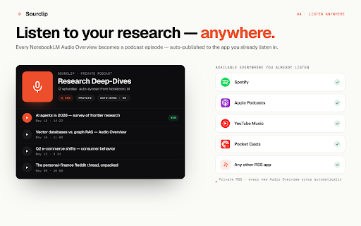 Sourclip — NotebookLM Research Workspace :: The complete workspace for Gemini NotebookLM — capture AI chats, discover sources, organize knowledge, and listen anywhere.