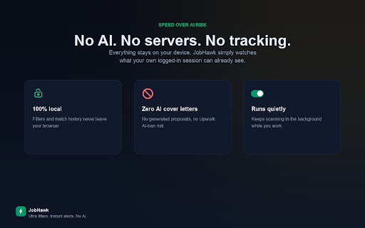 JobHawk - Job Alerts for Upwork :: Scans the Upwork job feed every few minutes, applies ultra filters, and fires instant sound + desktop alerts. No AI. Just speed.