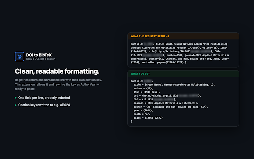 DOI to BibTeX :: Paste or select a DOI and get a ready-to-copy BibTeX citation. Works via right-click on selected text too.