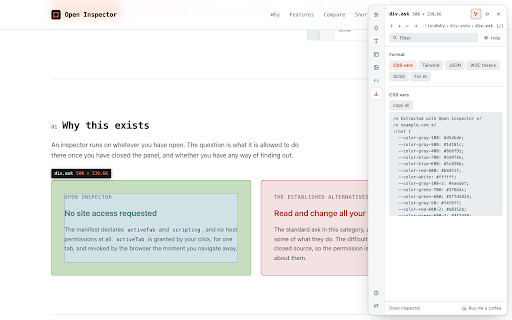 Open Inspector :: Inspect layout, styles and design tokens on any page. Free, open source, and never sends anything anywhere.