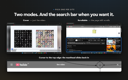 Windowed Fullscreen for YouTube™ :: Watch YouTube full-window without true fullscreen: tabs, taskbar and clock stay visible. Dock the comments beside the video.