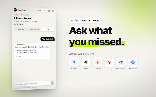 MeetNote: AI Notes for Online Meetings :: Live transcripts, AI summaries, action items and Q&A for Google Meet, Zoom, Microsoft Teams and Webex, right in your side panel.