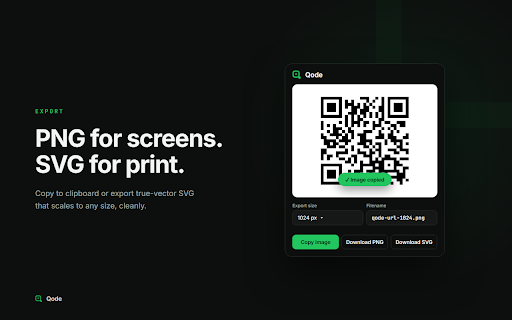 Qode — QR Code Generator & Scanner for Any Page or Text :: Generate & scan QR codes on any page. URL, WiFi, vCard, text & more. Style with colors, logo, export PNG/SVG. 100% local, no signup.