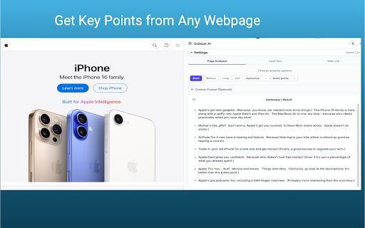 Sidebar AI :: AI-powered side panel for summarizing and analyzing web pages, selected text, and web links.