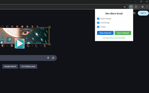 Dev Store Scrub :: A developer tool to manage application storage (session storage, local storage, and cookies) with clear and reload functionality