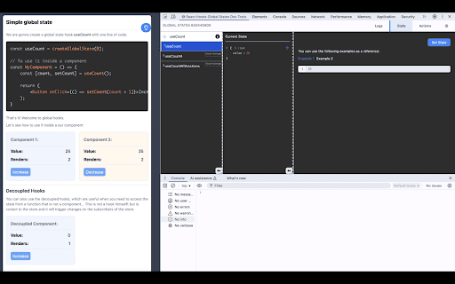 react-global-state-hooks :: React Global State Hooks - brings your application’s state, actions, and history into Chrome DevTools. Inspect live stores, trace…