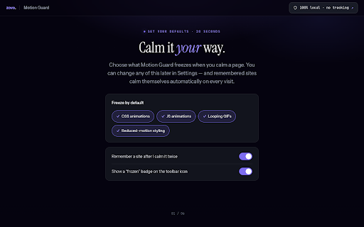 Motion Guard — Freeze Animations :: Freeze animations, transitions, JS motion, and looping GIFs in one click. Calmer pages for motion-sensitive browsing.