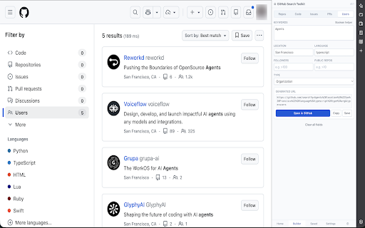 GitHub Search Toolkit (Unofficial) :: Unofficial. Compose, save, and launch GitHub search URLs with qualifier helpers. Not affiliated with GitHub.