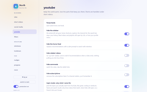 North: Focus & Distraction Blocker :: Free forever. Blocks Short Form Content, distracting sites and keywords, with schedules, time limits and an unlock you have to mean.