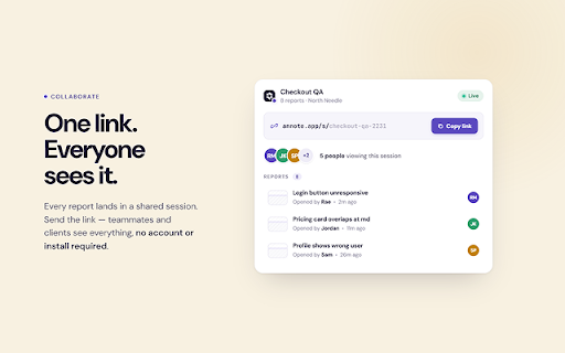 Annote :: Click the element, say what's wrong, and Annote writes a polished bug ticket - with an AI that's already diagnosed the likely cause.