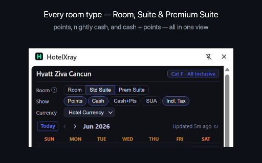 HotelXray for Hyatt — Points, Rates & Upgrades :: Points, cash prices & CPP for every Hyatt hotel — on search results and hotel pages, live as you browse.