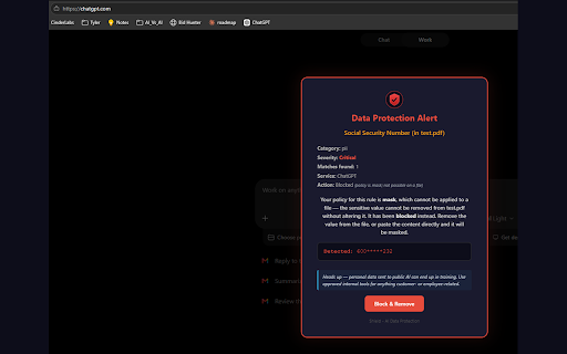 Shield by Cinder Labs :: Prevent sensitive data leaks to AI. Scans text, file uploads, and images (OCR) in real time. Shadow AI detection. Enterprise DLP.