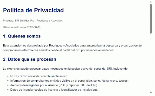 SRI Emitidos Pro - Rodriguez & Asociados :: Descarga y organiza comprobantes emitidos del SRI por contribuyente y mes, con activacion y soporte.