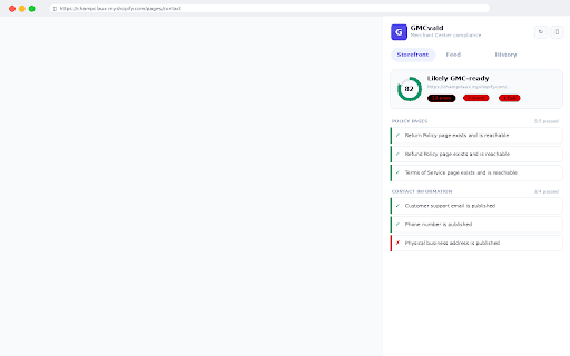 GMCvald — Merchant Center Compliance Scanner :: One-click GMC compliance scanner. Checks policies, contact info, checkout, and product feed. Avoid misrepresentation suspensions.