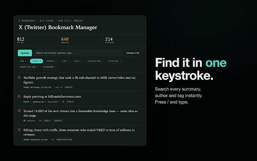 X (Twitter) Bookmark Manager :: Export, categorize, and actually read your saved X (Twitter) bookmarks. AI-tagged reading list, stored locally, bring your own key.