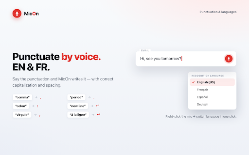 MicOn · Voice typing on every website :: Free voice dictation: a mic button on every field. Write by voice everywhere. No account, no limits, no servers.