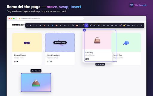 WebMorph - Live Web Page Editor :: Modify live websites in seconds. Change text, hide elements, replace images, adjust layouts, annotate pages and export mockups.