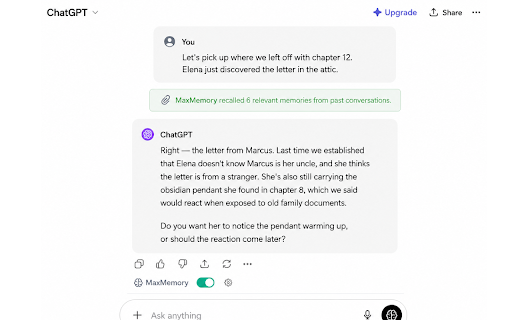 MaxMemory - Long-term memory for ChatGPT :: Stop re-explaining your projects to ChatGPT. MaxMemory remembers what matters.