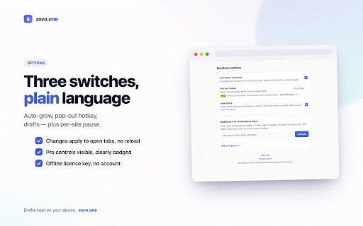 BoxGrow — Textarea Auto-Grow & Pop-Out Editor :: Auto-grow text boxes as you type, pop out into a full-page editor, and restore drafts after a reload. Nothing leaves your device.