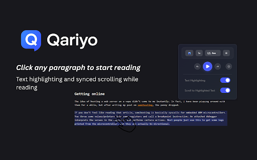 Qariyo: Text to Speech :: Listen to articles with human-like AI voices. Supports languages, highlighting, paragraph clicks, and no subscription required.