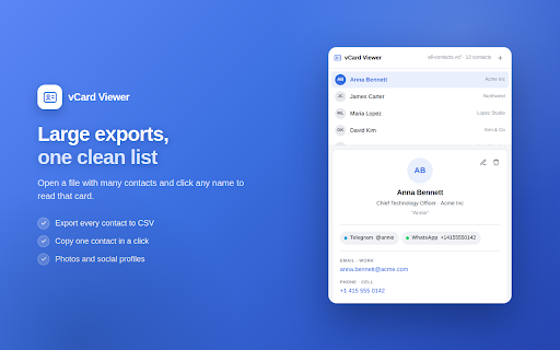 vCard Viewer — VCF Reader and Editor for .vcf Files :: Open and edit VCF/vCard files in Chrome's side panel. Save contacts, export to CSV, and copy details.