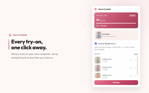 CleverTryOnAI — AI Virtual Try On Clothes :: Free AI virtual try-on for any online store. See clothes on your own photo — hover a product image and try it on in seconds.
