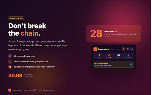 Dopamodoro - ADHD Pomodoro Timer & AI Focus Coach :: Pomodoro built for ADHD brains. Dopamine-positive focus sessions with an AI coach, session journal, streaks, and achievements.