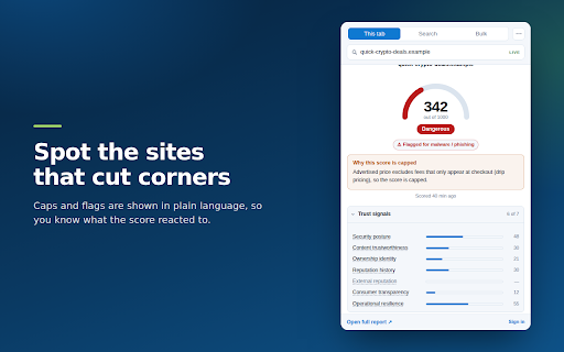 WebTrustScore™ — Site Trust Check :: Know before you trust. One clear 0–1000 trust score for any website, with the evidence behind it. Free, no account needed.