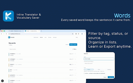 Krendo - Inline Translator & Vocabulary Saver :: Translate inline while you read. A quiet hand on the page — save what stopped you, come back to remember. No account.