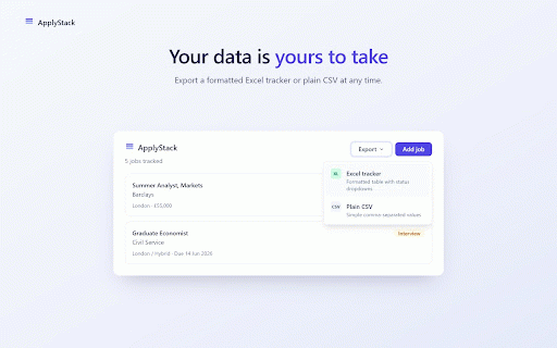 ApplyStack :: Privacy-first job page saver and application tracker. Local-only: no account, no backend, no tracking.