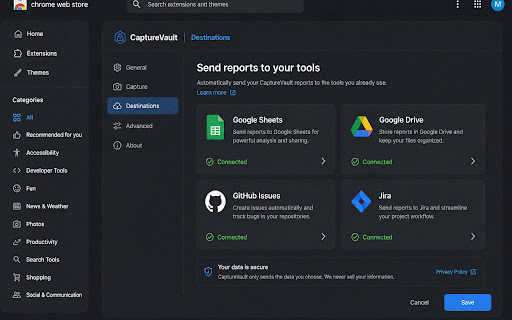 CaptureVault: AI Screenshot Recorder & Bug Reports :: Capture, annotate, and AI-fill bug reports — send to Sheets, Drive, GitHub, or Jira in a few clicks.